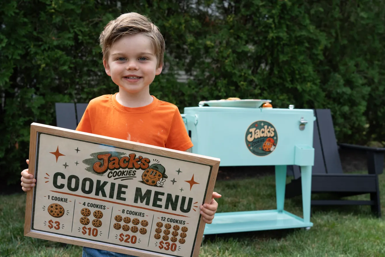 Jack holding a Jack's Cookies cookie menu sign
